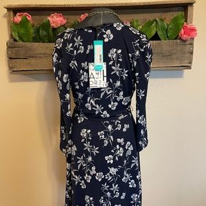 Navy and white floral faux wrap dress.